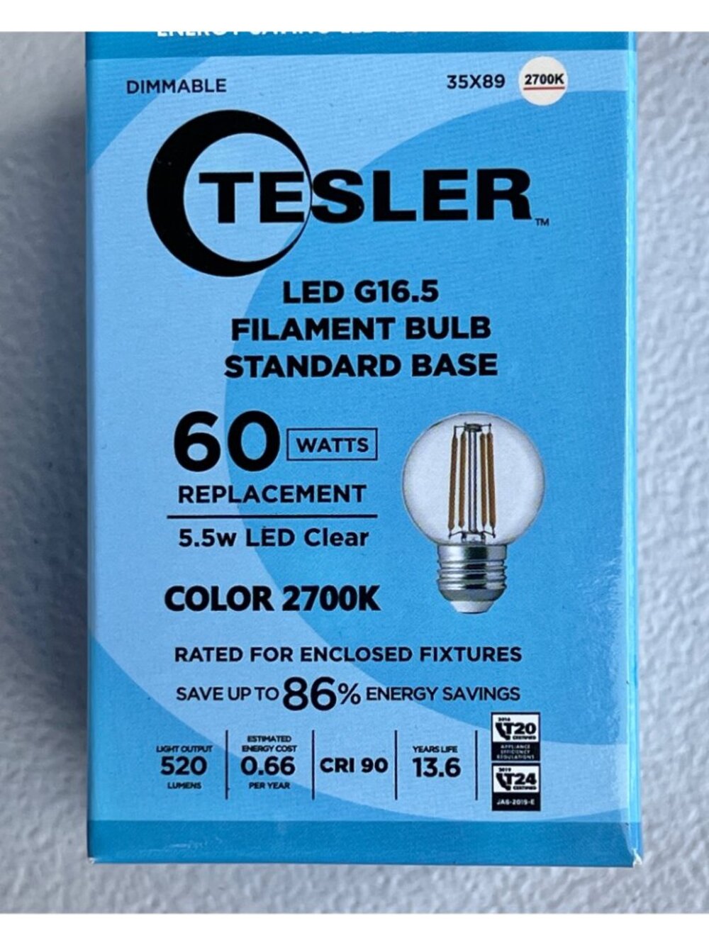 Tesler LED G16.5 Filament Bulb 60W Replacement 5.5W Standard Base 2700K Dims - Picture 6 of 10